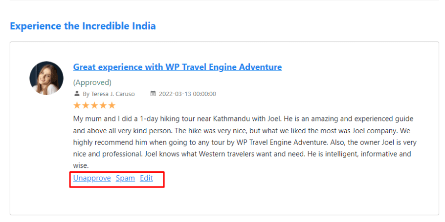 approve reviews in trip reviews adon
