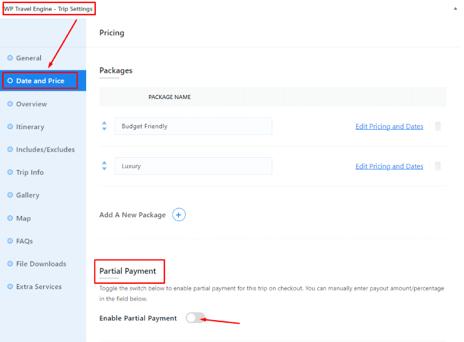 partial payment in trip page
