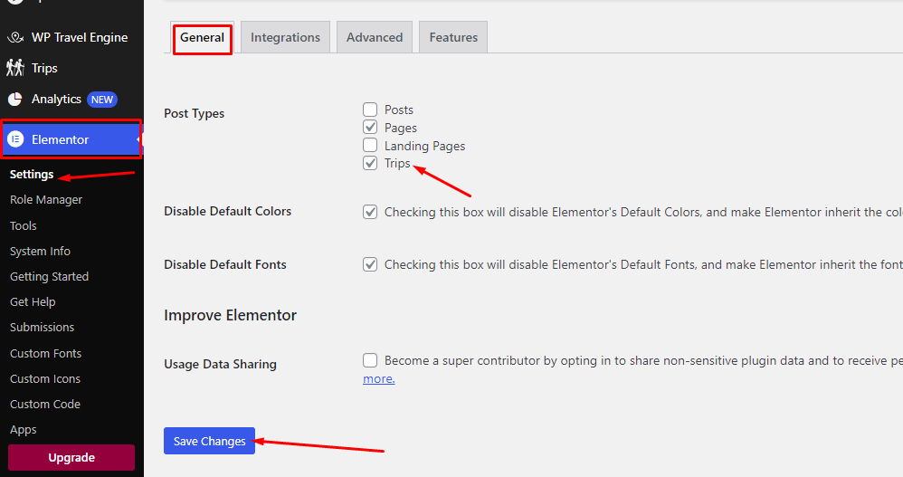 enabling elementor in trip page