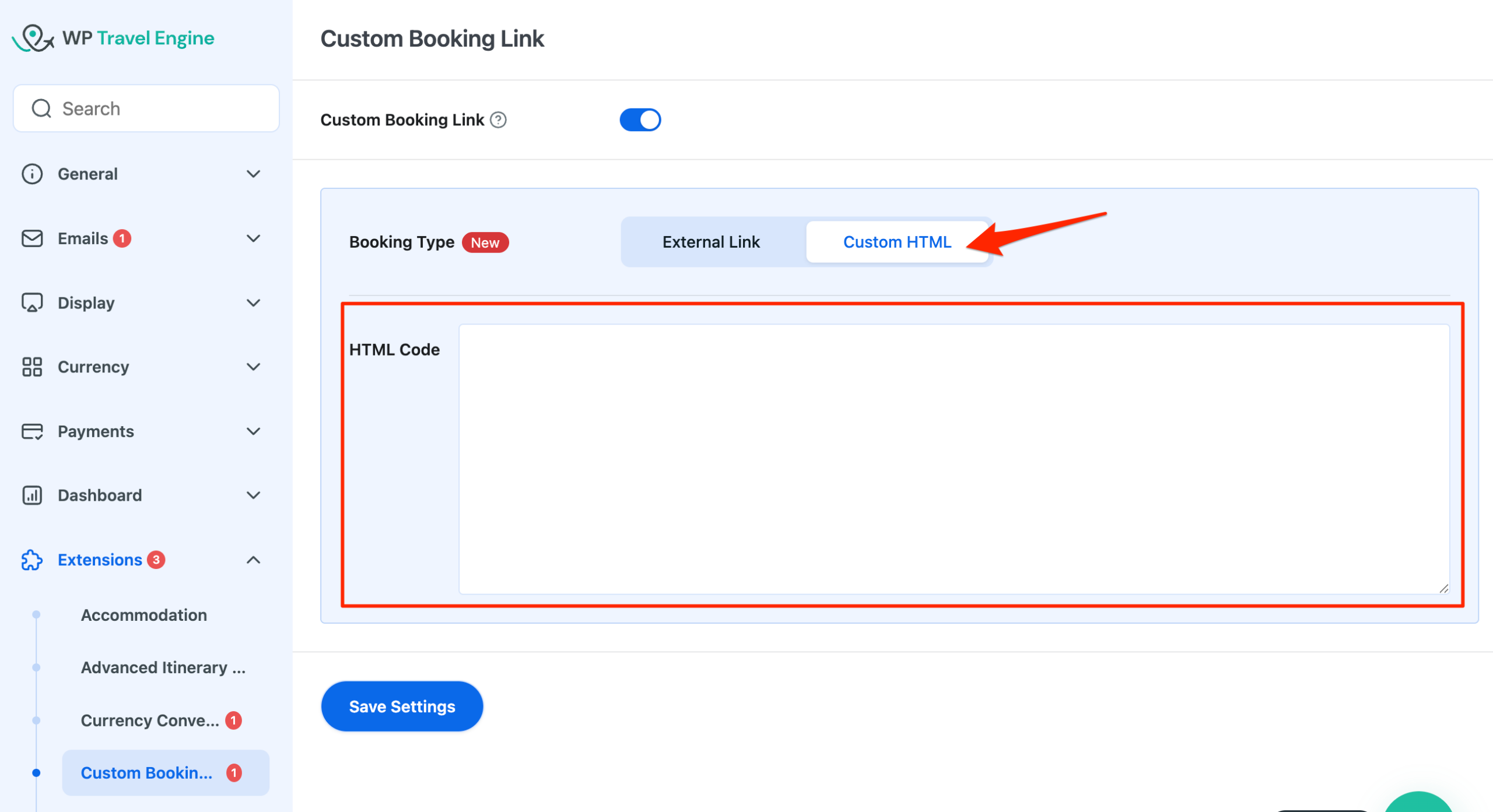 Custom HTML settings